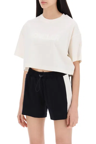 Shop Moncler Cropped T Shirt With Sequin Logo In White,neutro