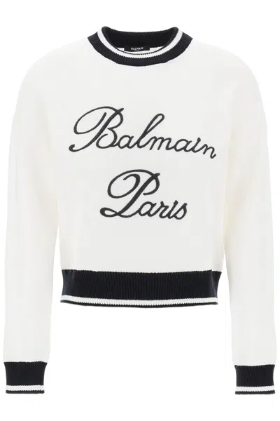 Shop Balmain Embroidered Logo Pullover In 白色的
