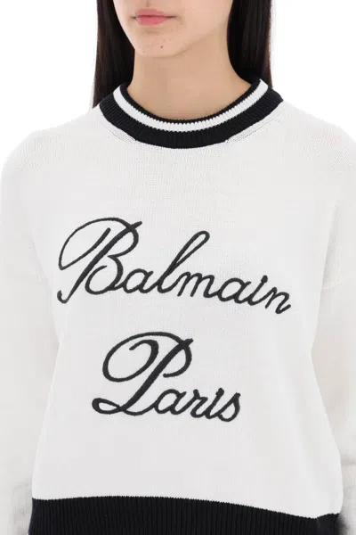 Shop Balmain Embroidered Logo Pullover In 白色的