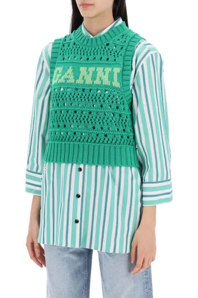 Shop Ganni Open Stitch Knitted Vest With Logo In Green