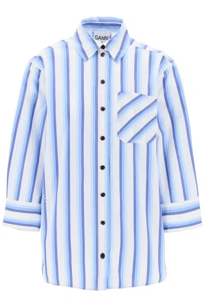 Shop Ganni "oversized Striped Poplin Shirt In White,blue,light Blue
