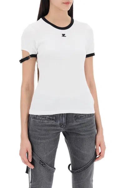 Shop Courrèges Courreges Leather Strap T Shirt With Sleeve Detail. In White