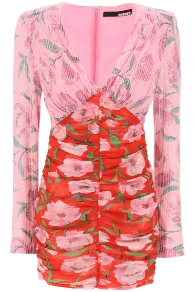 Shop Rotate Birger Christensen Rotate Mini Dress With Floral Print And Sequins Embell In Pink,red
