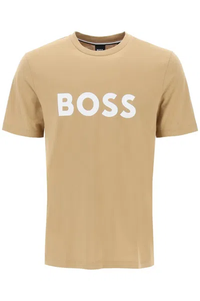 Shop Hugo Boss Boss Tiburt 354 Logo Print T Shirt In Beige