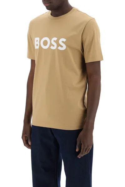 Shop Hugo Boss Boss Tiburt 354 Logo Print T Shirt In Beige