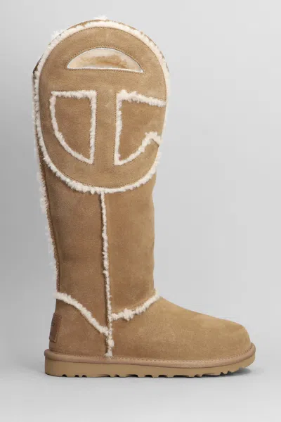 Shop Ugg Logo Tall Boot Low Heels Boots In Leather Color Suede In Brown