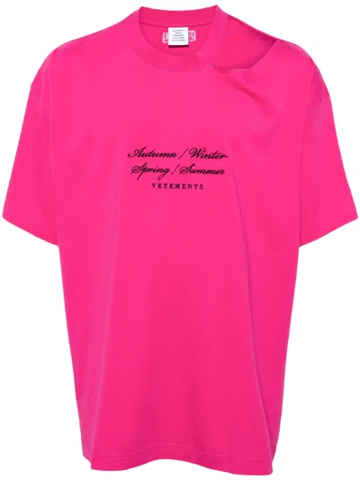 Shop Vetements Unisex Open??shoulder??4??seasons Embroidered??t-shirt In Hot Pink