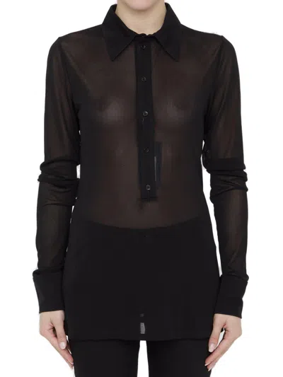 Saint Laurent Long Sleeve Sheer Collared Jersey Top In Multi