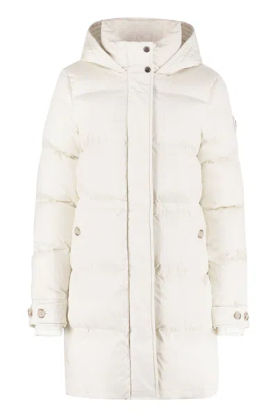 Shop Woolrich Alsea Hooded Long Down Jacket In Beige