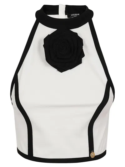 Shop Balmain Rose Applique Halterneck Cropped Top In Cream/black