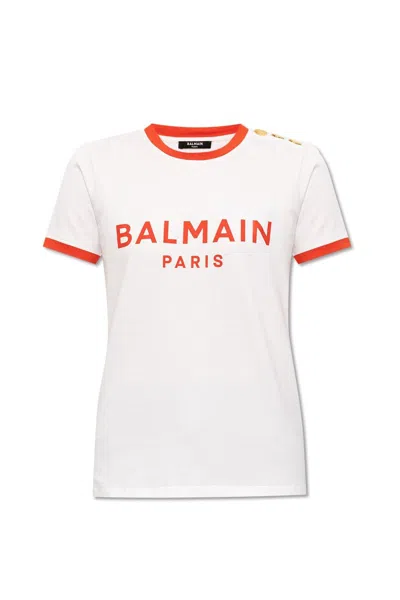 Shop Balmain Logo Printed Crewneck T-shirt In Gqt Blanc Rouge