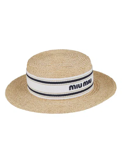 Shop Miu Miu Stripe Logo Embroidered Woven Hat In Natural/blue