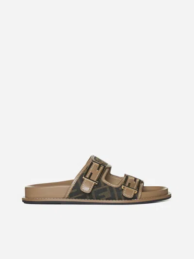 Shop Fendi Feel Ff Fabric And Leather Slides In Tabac.ner+miele Scur