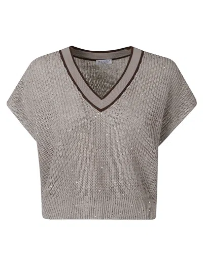 Shop Brunello Cucinelli V-neck Cropped Knit Sweater In Beige Freddo