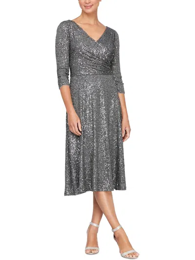 Alex Evenings Petites Womens Mesh Embellished Cocktail And Party Dress In Silver