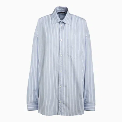 Shop Balenciaga Blue Striped Cotton Shirt With Logo