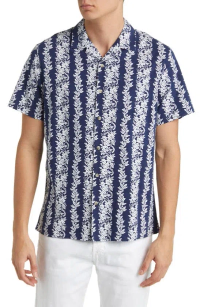 Shop Fair Harbor The Casablanca Floral Stretch Organic Cotton Blend Short Sleeve Button-up Shirt In Navy Tropical Bandana
