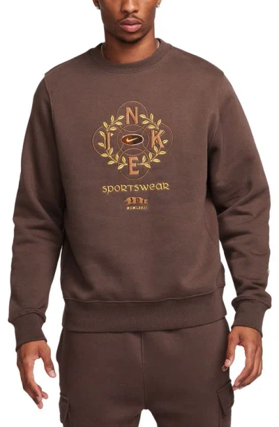 Shop Nike Sportswear Club Embroidered Crewneck Sweatshirt In Baroque Brown/ Ale Brown