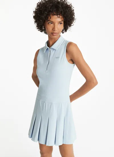 Shop Dkny Women's Half Zip Pleated Dress In Blue