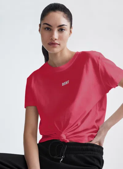 Shop Dkny Women's Metallic Bubble Logo Knot Front T-shirt In Pink