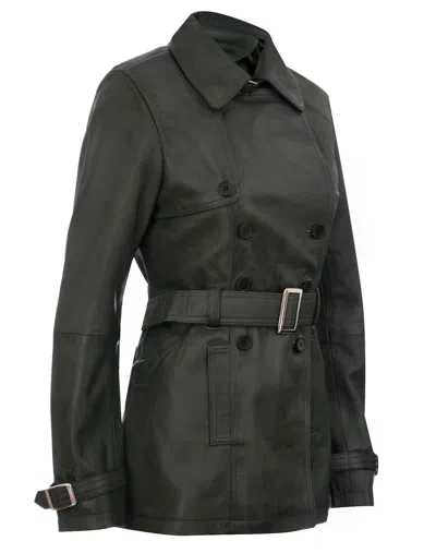 Pre-owned Infinity Ladies Leather Trench Coat Green Mid-length Coat Classic Leather Jacket