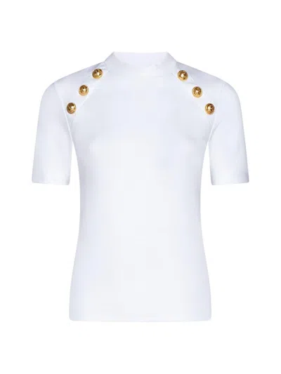 Shop Balmain Button Embellished Slim Fit Top In Bianco