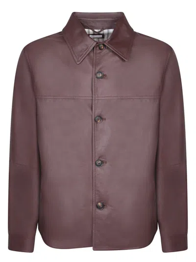 Shop Brunello Cucinelli Button-up Leather Jacket In Brown