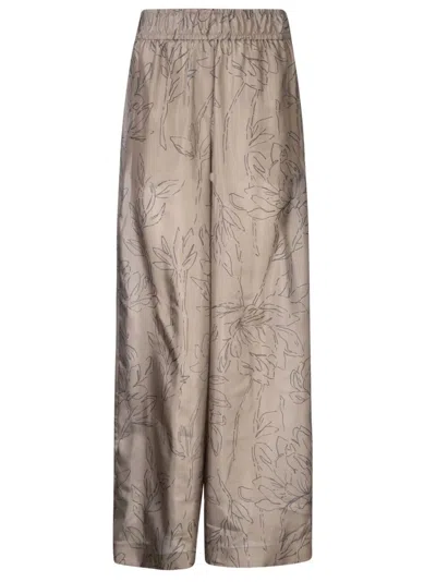 Shop Brunello Cucinelli Elastic Waist Wide Leg Printed Trousers In Khaki