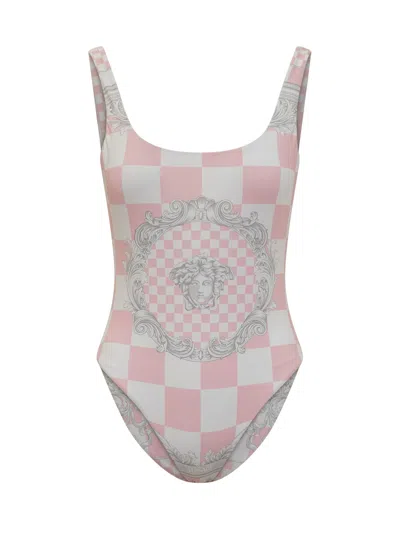 Shop Versace One Piece Swimsuit In Pastel Pink-bianco-silver