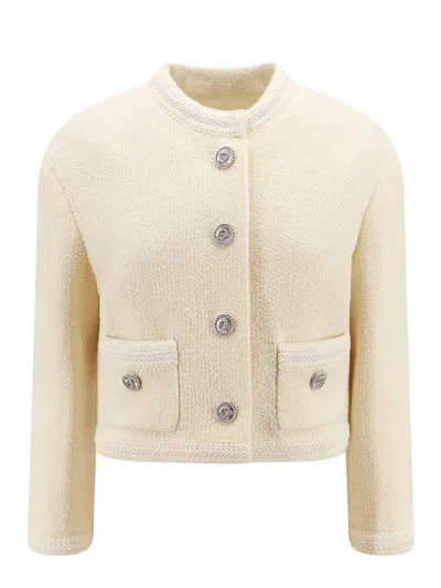 Shop Gucci Button-up Cropped Tweed Blazer In White