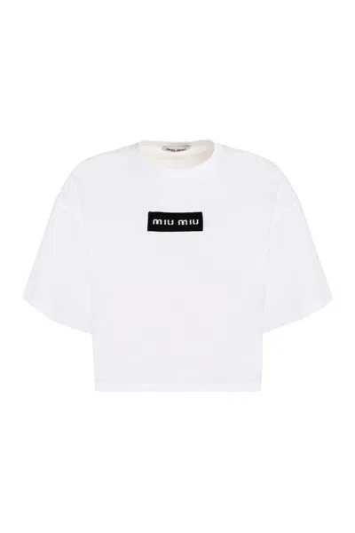 Shop Miu Miu Cotton Crew-neck T-shirt In White