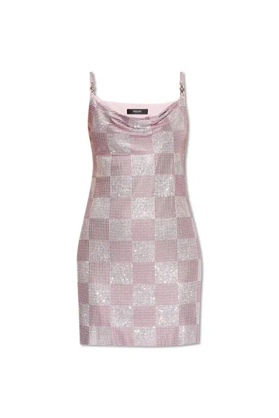Shop Versace Embellished Checked Mini Dress In Multi
