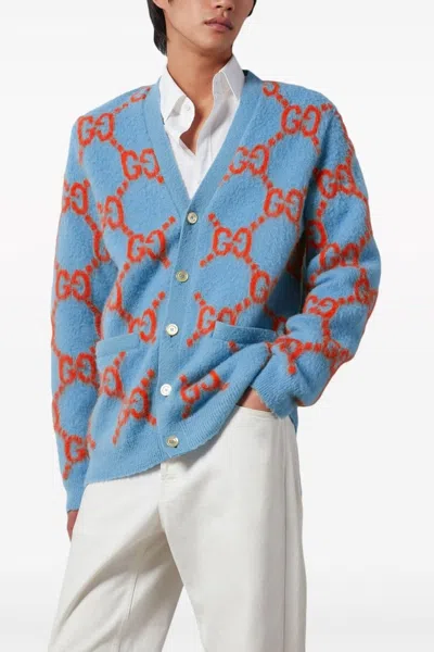 Shop Gucci Men Logo Cardigan In Blue