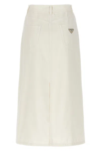 Shop Prada Women Logo Denim Midi Skirt In White
