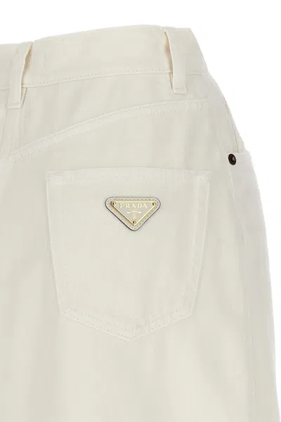 Shop Prada Women Logo Denim Midi Skirt In White