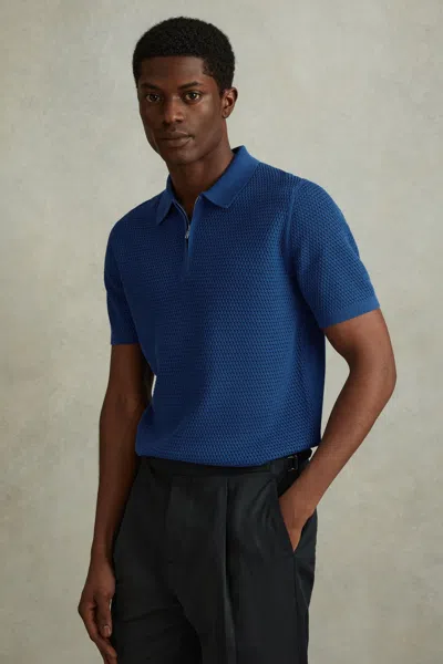Shop Reiss Burnham - Bright Blue Cotton Blend Textured Half Zip Polo Shirt, Xs