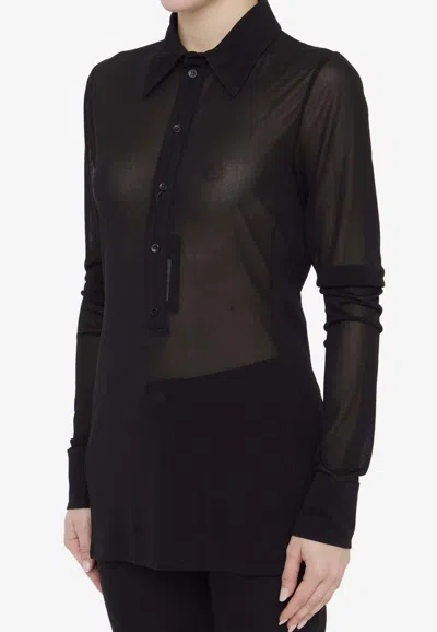 Saint Laurent Long Sleeve Sheer Collared Jersey Top In Multi