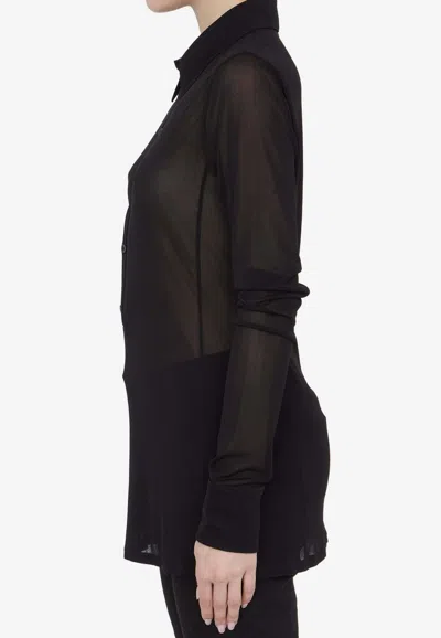 Saint Laurent Long Sleeve Sheer Collared Jersey Top In Multi