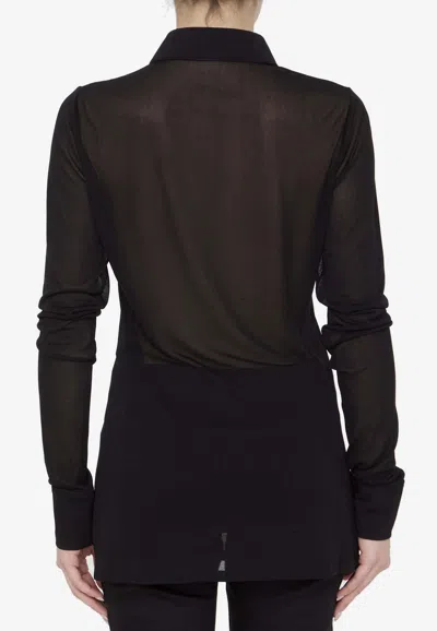 Saint Laurent Long Sleeve Sheer Collared Jersey Top In Multi