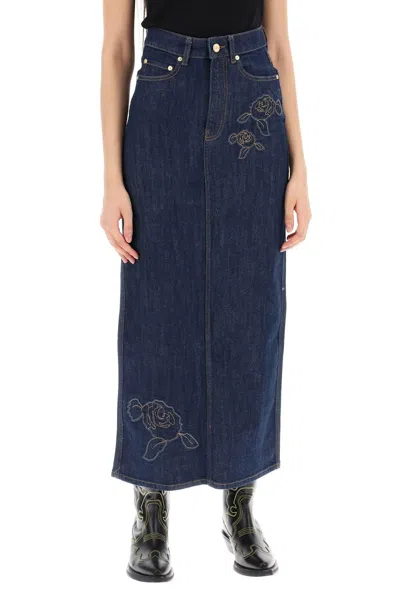 Shop Ganni Maxi Denim Skirt With Pink Embroidery
