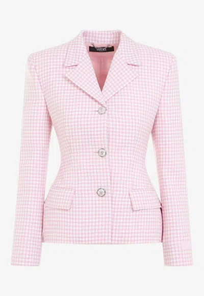 Shop Versace Checkered Single-breasted Blazer In Wool In Pink
