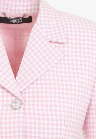 Shop Versace Checkered Single-breasted Blazer In Wool In Pink