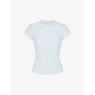 Shop Skims Women's Celeste Soft Lounge Short-sleeved Lace-trim Stretch-woven T-shirt
