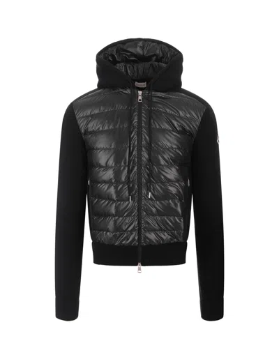 Shop Moncler Padded Tricot Cardigan With Hood In Black