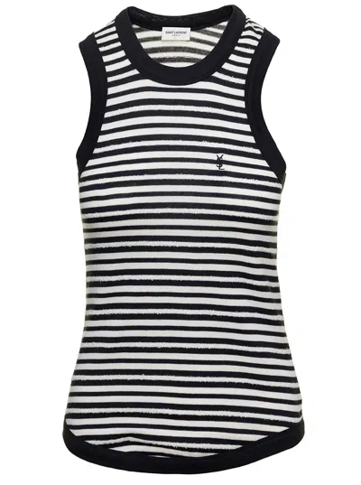 Shop Saint Laurent Striped Cassandre Tank Top With Embroidered Logo In Black And White Cotton Woman