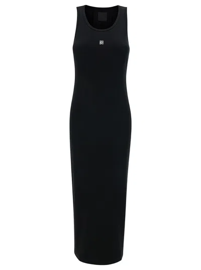 Shop Givenchy Long Black Ribbed Dress With 4g Embroidery In Stretch Cotton Woman