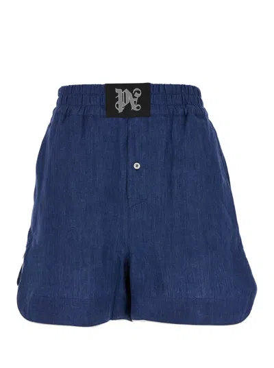Shop Palm Angels Monogram Linen Boxer Shorts Indigo Blue