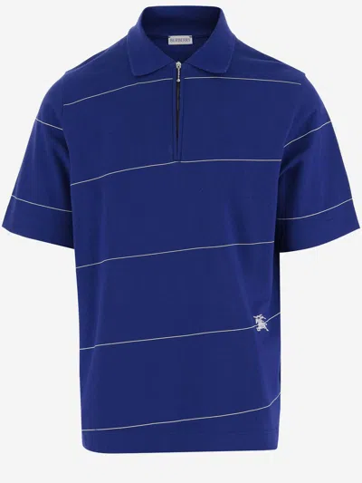 Shop Burberry Cotton Polo Shirt With Striped Pattern In Blue