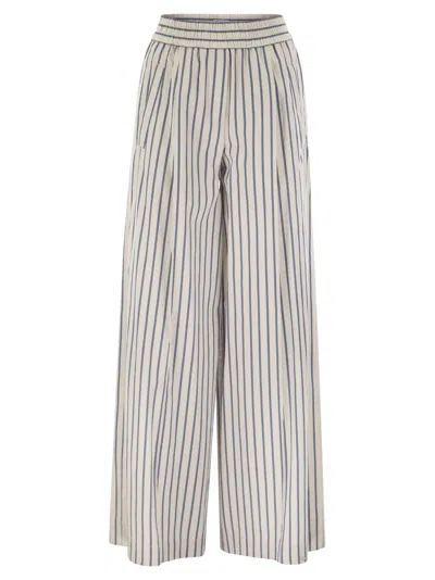 Shop Brunello Cucinelli Loose Track Trousers In Wrinkled Cotton Linen Poplin In Chalk/avio
