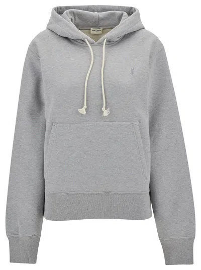 Shop Saint Laurent Grey Hoodie With Cassandre Embroidery In Cotton Woman